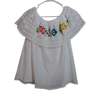 White Off-Shoulder Retro Top with Floral Embroidery Cotton Boho Size L